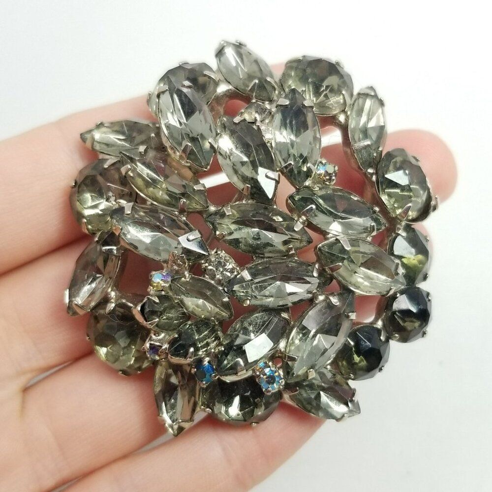 Vintage Gray Rhinestone Cluster Brooch, Marquise Shape, Silver Tone, 2 Inch - Picture 2 of 6